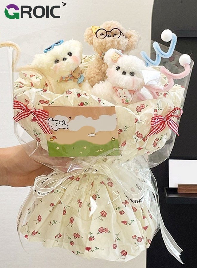 GROIC Doll Bouquet, Stuffed Dog Flower Bouquet with Gift Bag, LED Strip and Greeting Card, Flower for Girlfriend Wife Romantic Gifts for Birthday Graduation Anniversary, White,  Handmade Plush Dog Bouquet - Image 1